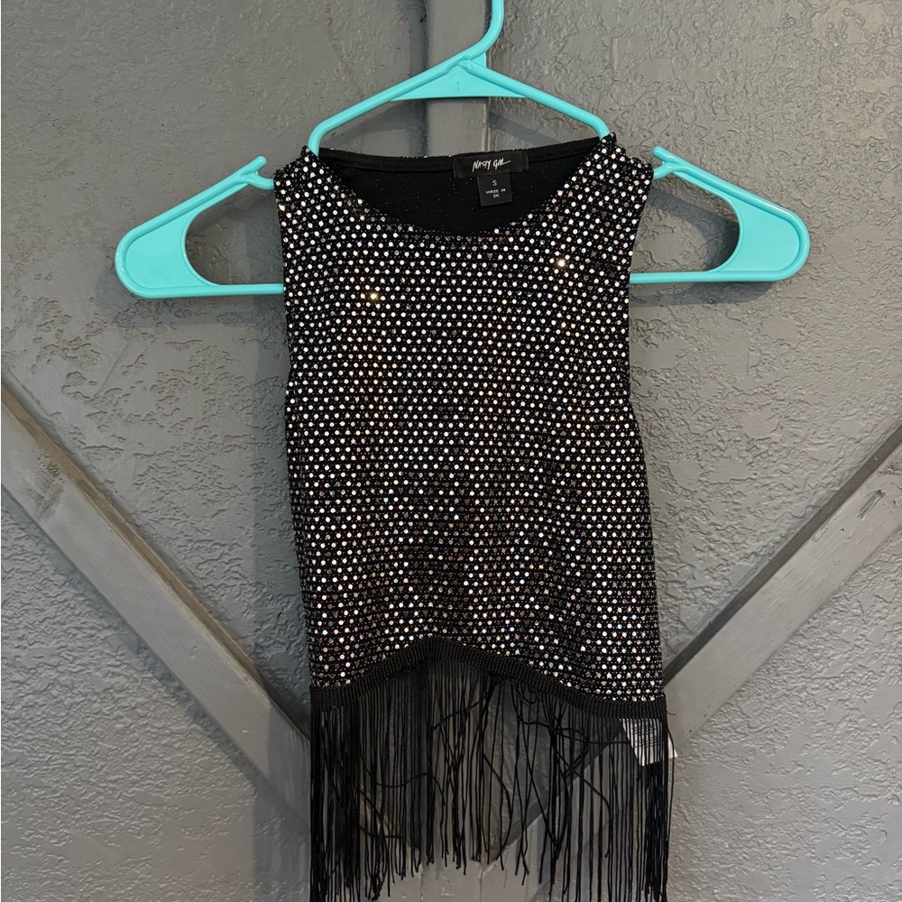 Nasty Gal Black and Silver Fringe Crop Top